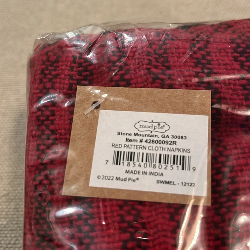 Mud Pie Red Buffalo Check Napkin /NWT